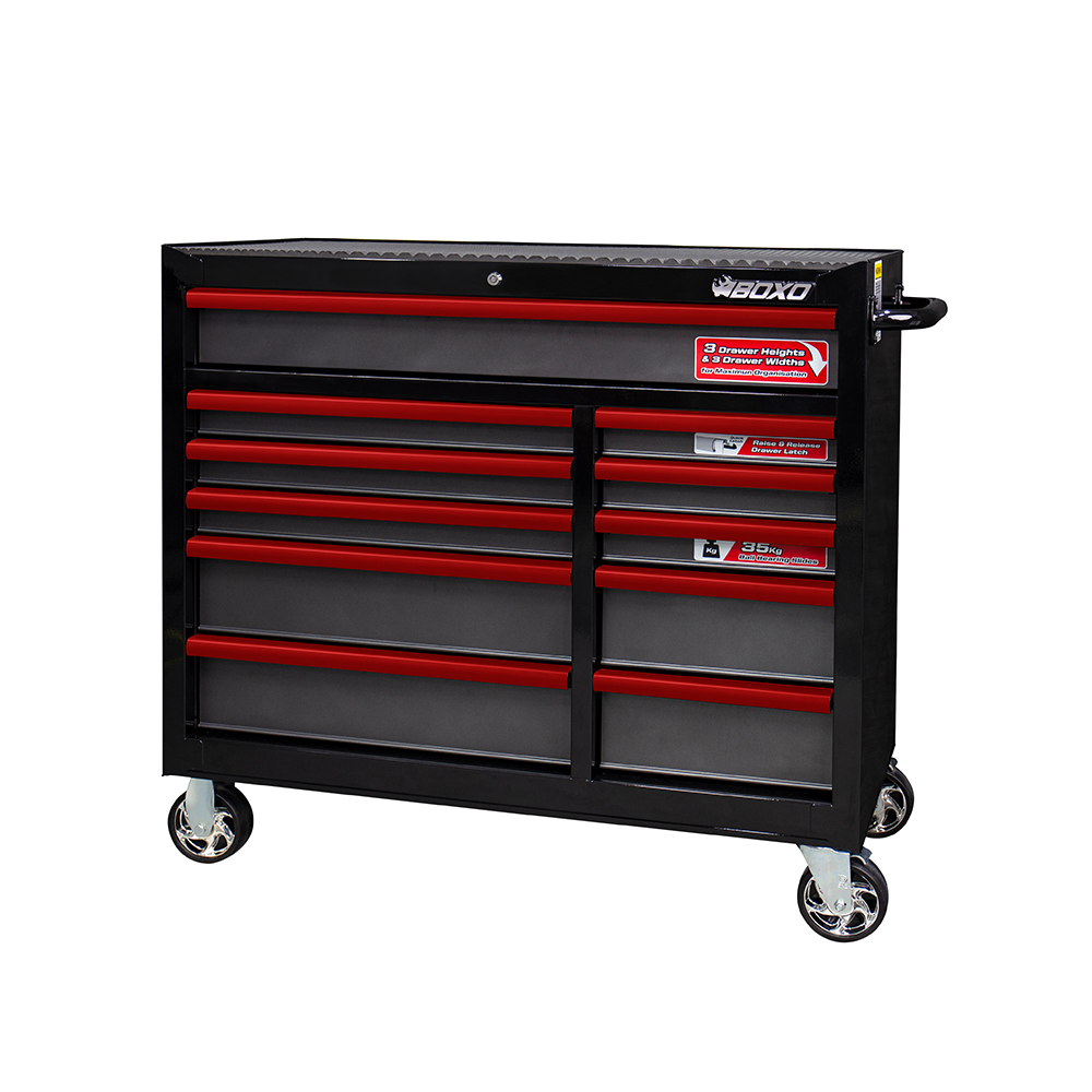 BOXO 41" 11 Drawer Roll Cabinet with Drawer Trim Pack - Black Body & Red Trims | Boxo UK